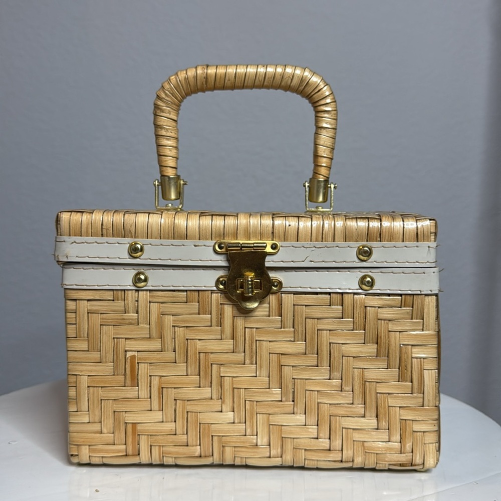VINTAGE 1950s CHEVRON PATTERN STRAW WICKER WOVEN BOX HAND BAG - Picture 3 of 13